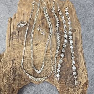 Elegant Silver Tone Rhinestone Jewelry Lot 7 Pieces